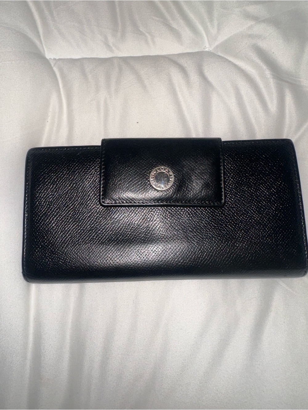 Bulgari Black Leather Long Wallet with Silver Logo Button - EUC